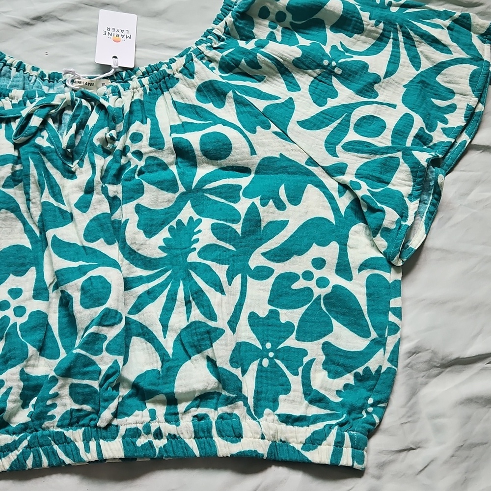 NWT Marine Layer Teal Floral Blouse, Size XL - Picture 5 of 9